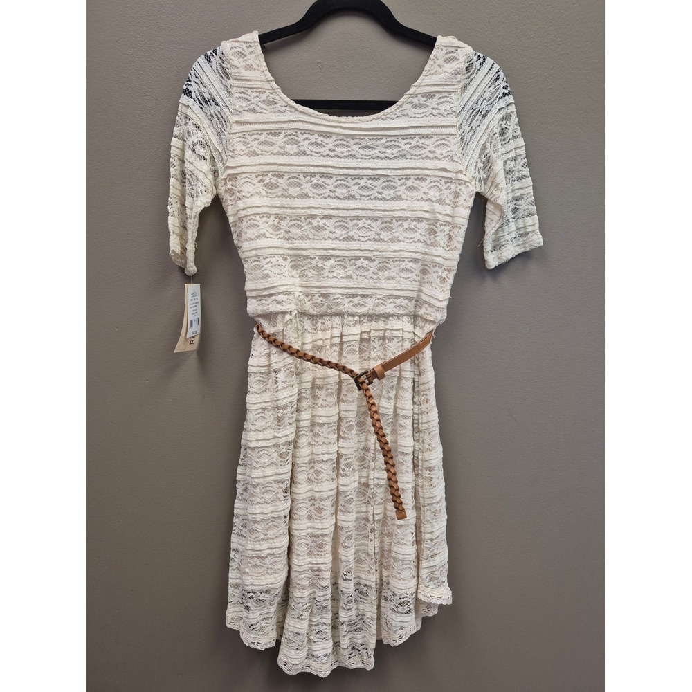 Rewind‎ Women's Medium Lace Dress Cream Boho Cottagecore Belted Fit Flare NWT M